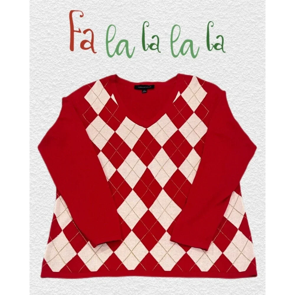 “Tommy Hilfiger” Sweater Women's Sz L Argyle Holiday Sweater Red White Metallic